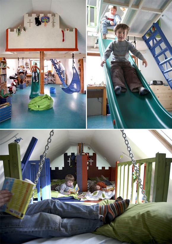 A bedroom / playroom for boys with beds in the loft