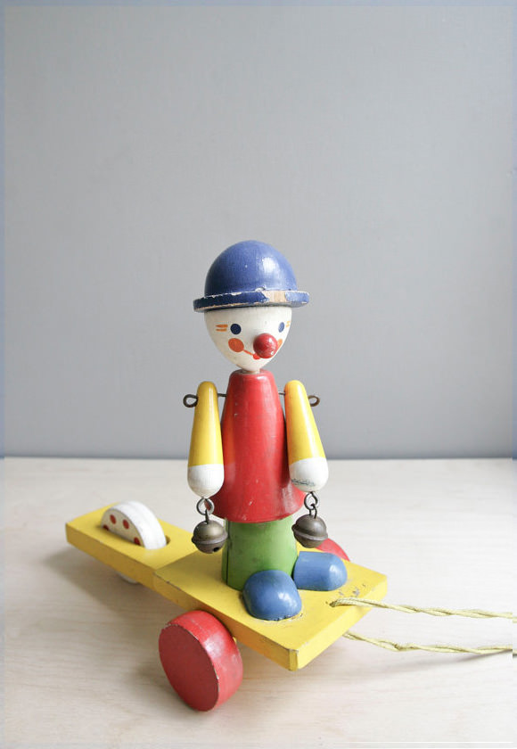 Vintage Bell Ringer Clown Pull Toy via Etsy