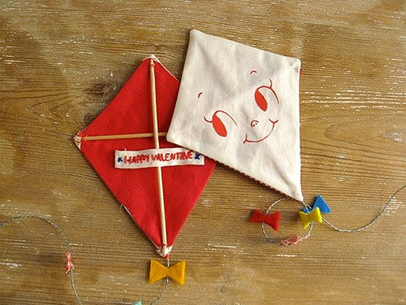 Handmade Kite Valentine with a hand-embroidered Valentine's Day message on the back, from Misako Mimoko on Etsy