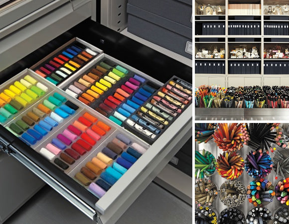 A drawer of carefully organized glitter and pastels in Martha Stewart Weddings Editorial Director Darcy Miler's craft room.