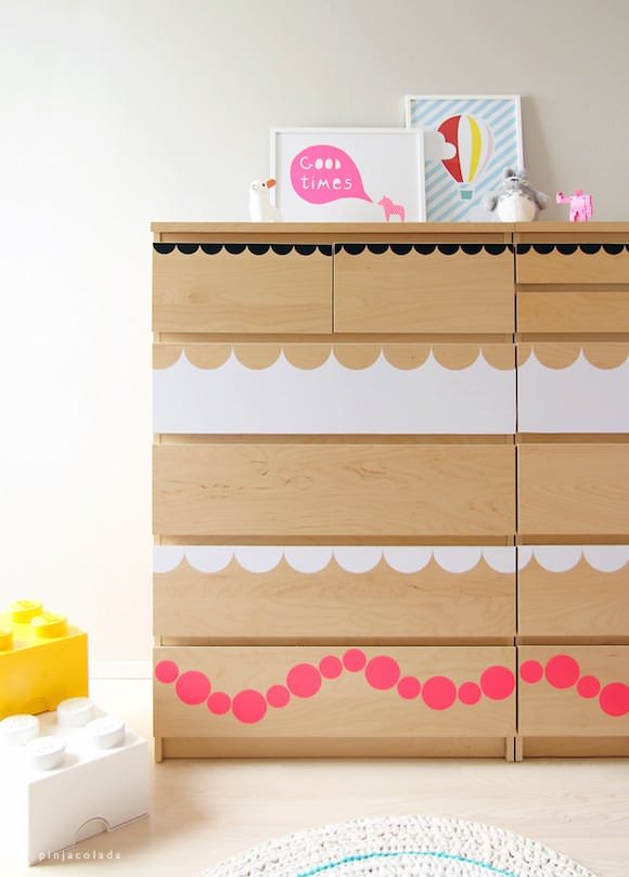 IKEA Hacks for Kids' Rooms: a MALM dresser got dressed up with fun shape stickers