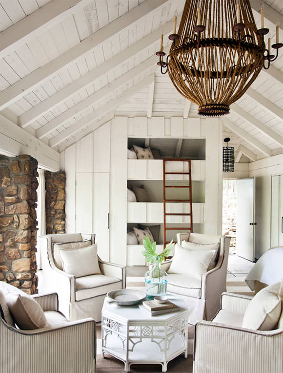 triple bunk beds nestled in the wall of a lakeside family getaway