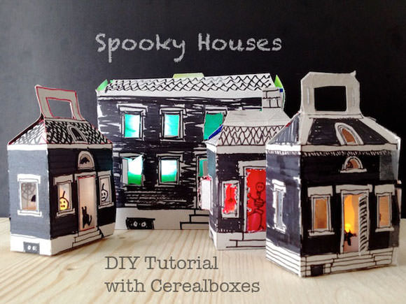DIY Light-Up Cereal Box Spooky Houses for Halloween