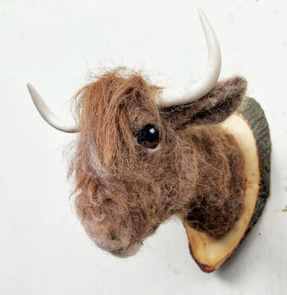 Needle-Felted Highlander Cow Head Mount (from faux fauna on etsy) - fun for a kid's room!