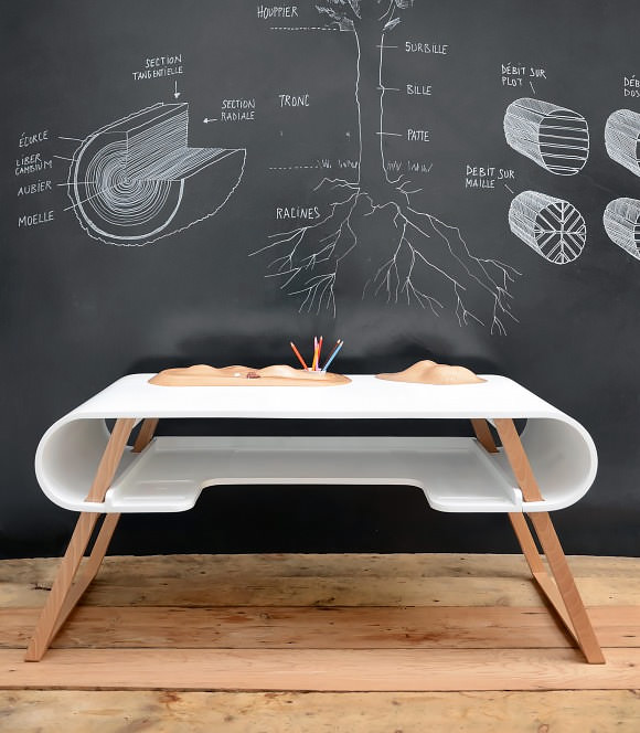 Modern Kid's Desk with Carved Wood Toy Car Track & Mountain