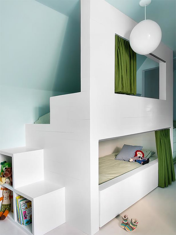 Secret space bunk bed in an attic kid's room