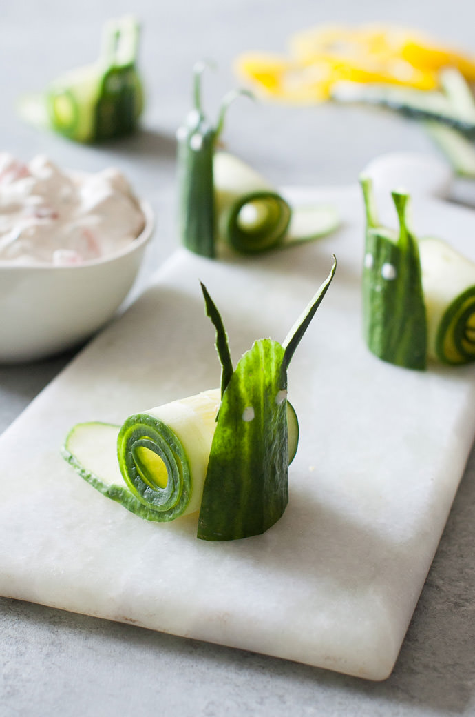 Cucumber Snails and Garden Vegetable Dip - Healthy Snack Recipe for Kids