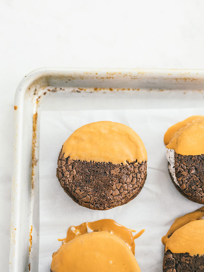 Cookies & Cream Ice Cream Sandwiches with Butterscotch Magic Shell