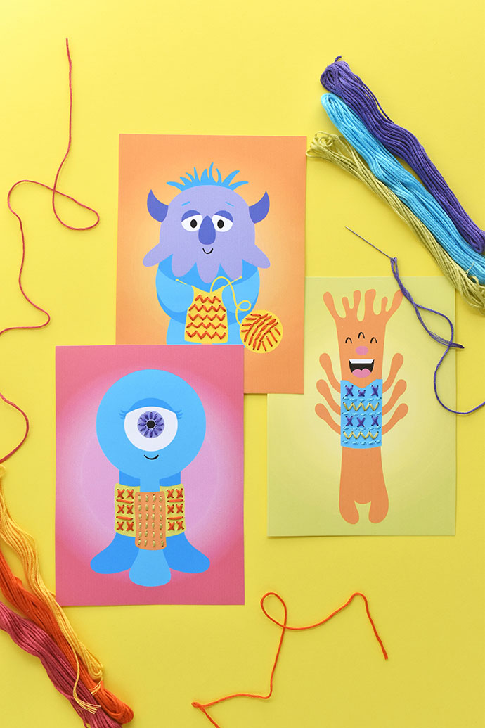 Printable Knitting Monster Stitching Cards