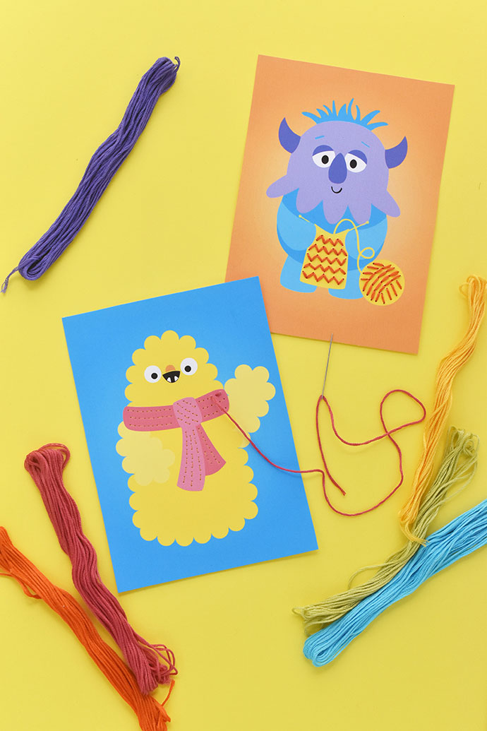 Printable Knitting Monster Stitching Cards