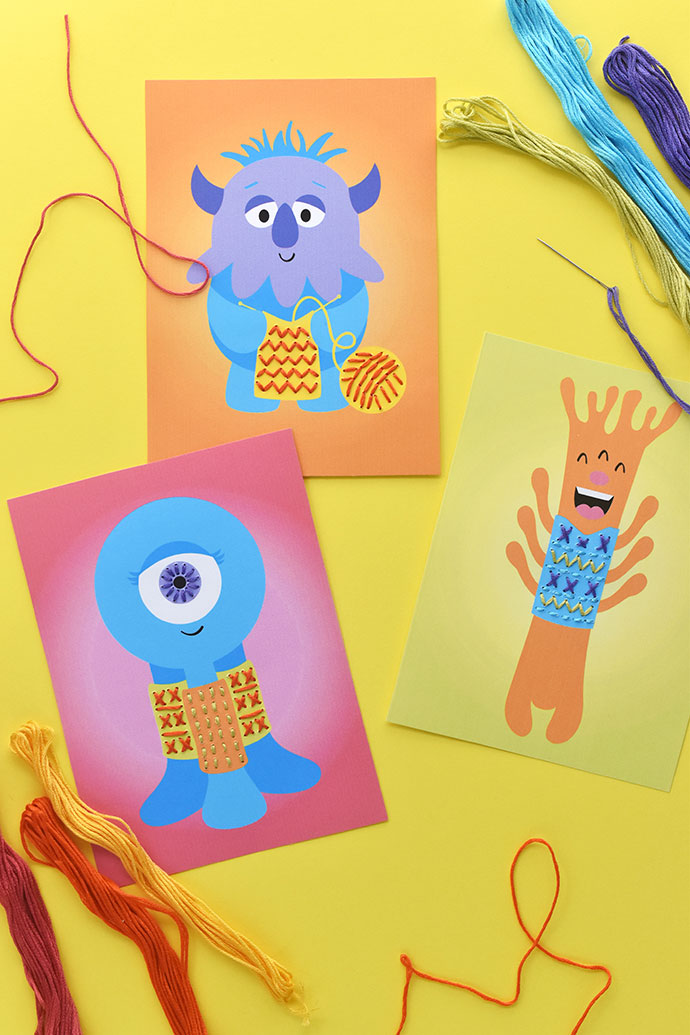 Printable Knitting Monster Stitching Cards